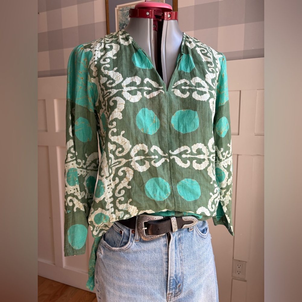 Alicia Bell Silk Blend Boho Teal and White Patterned Tunic Size XS